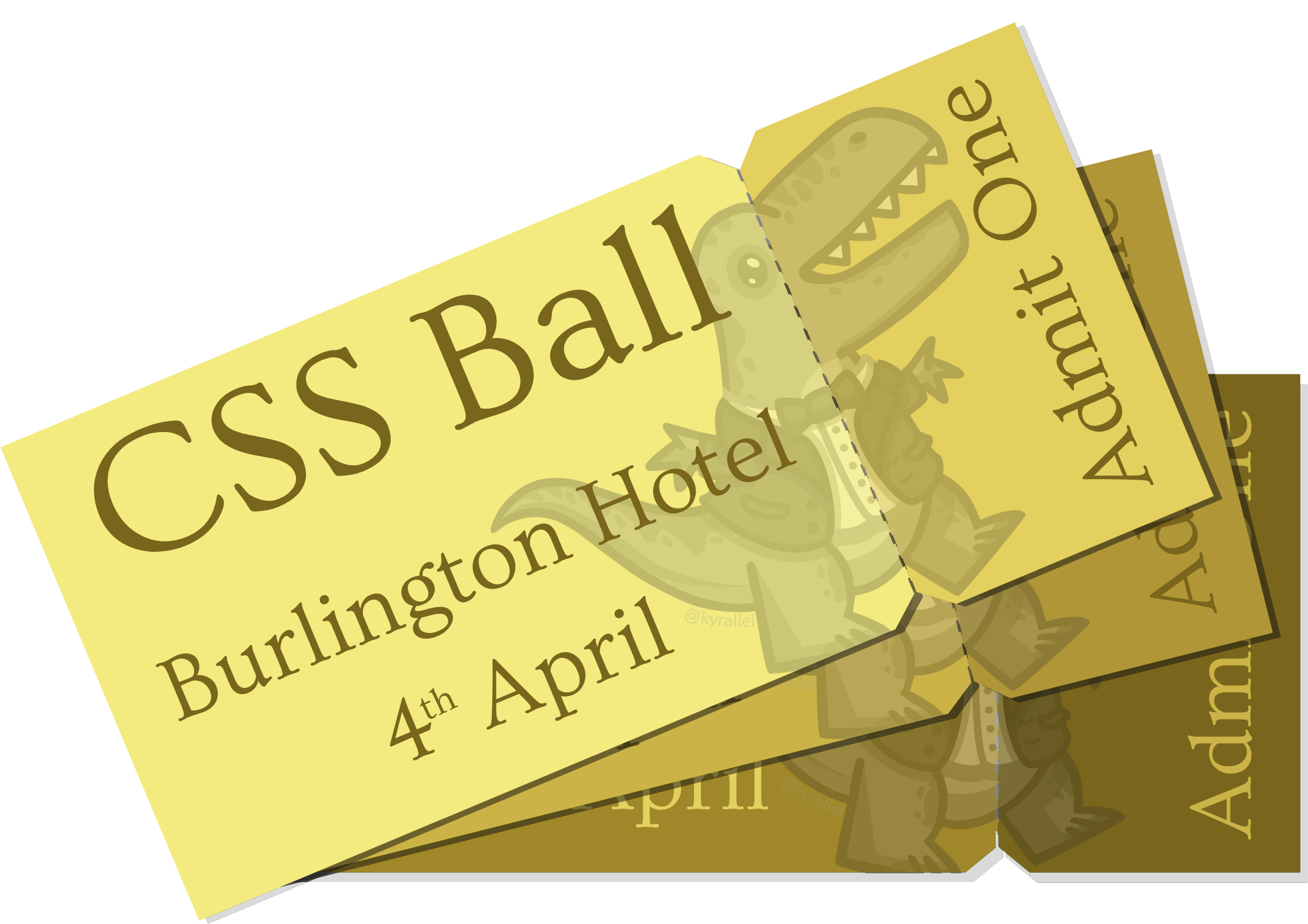 A cartoon image of a ticket with the text 'CSS Ball, Fazeley Studios, 26 April, Admit One'